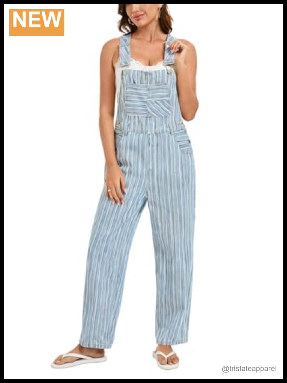 Women's Striped Denim Bib Overalls Loose Fit Wide Leg Jumpsuit